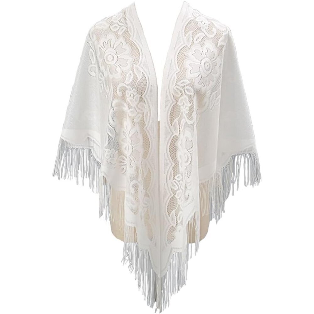 Women Nylon Lace Triangle Shawl Wrap with Fringe for Dress Elegant Fashion